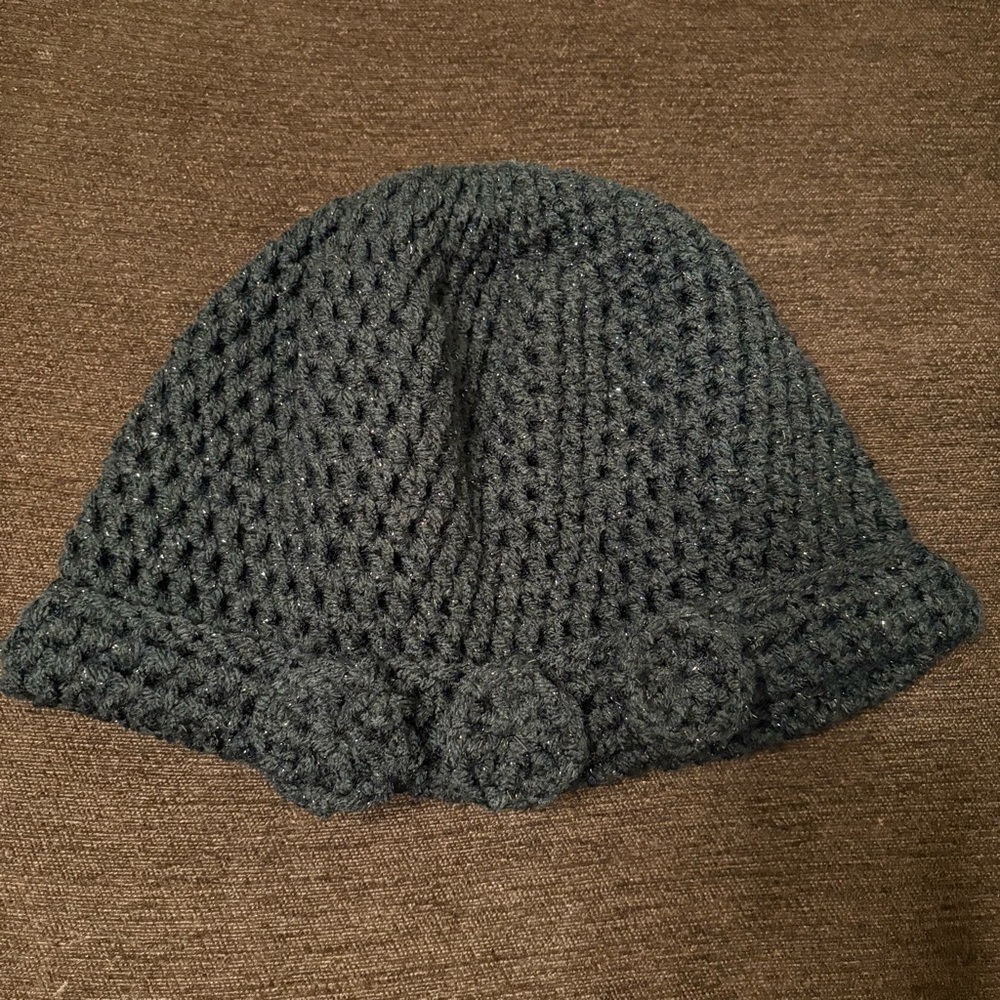 Crocheted Black beautiful beanie with three flowers